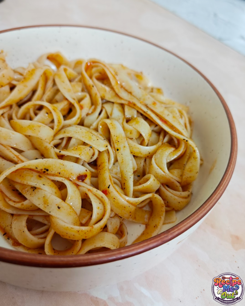 closeup shot of Pasta in Sweet Chilli and Sriracha Sauce