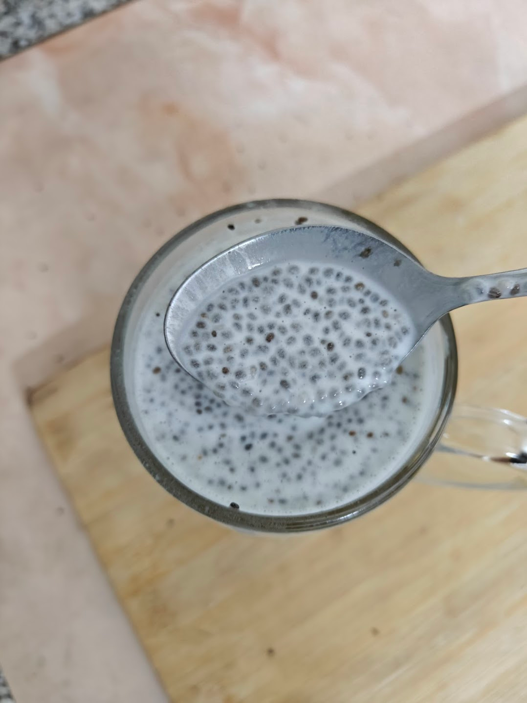 chia seeds fluffing up after a few minutes