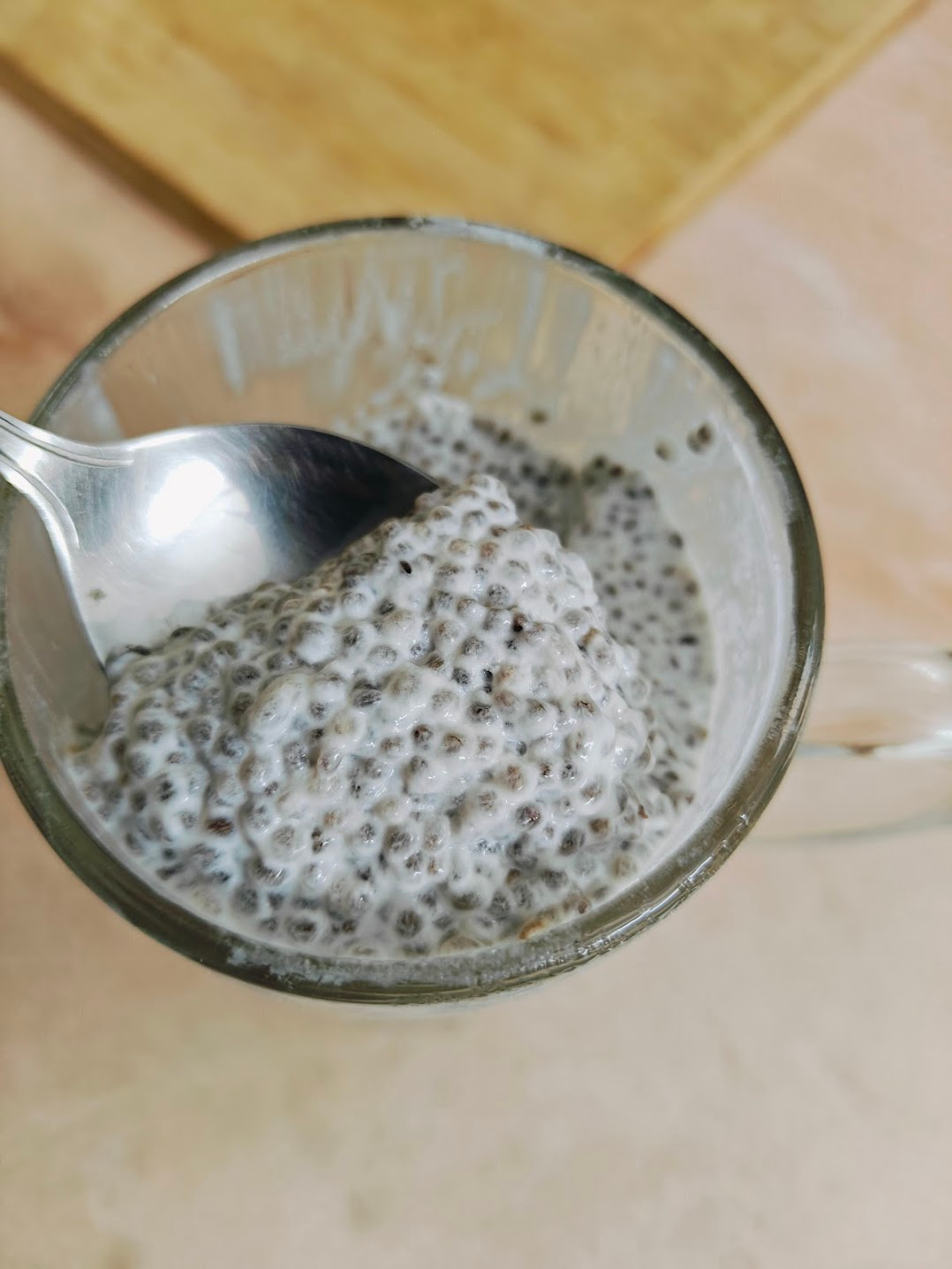 closeup view of the chia coconut pudding after hours of refrigeration
