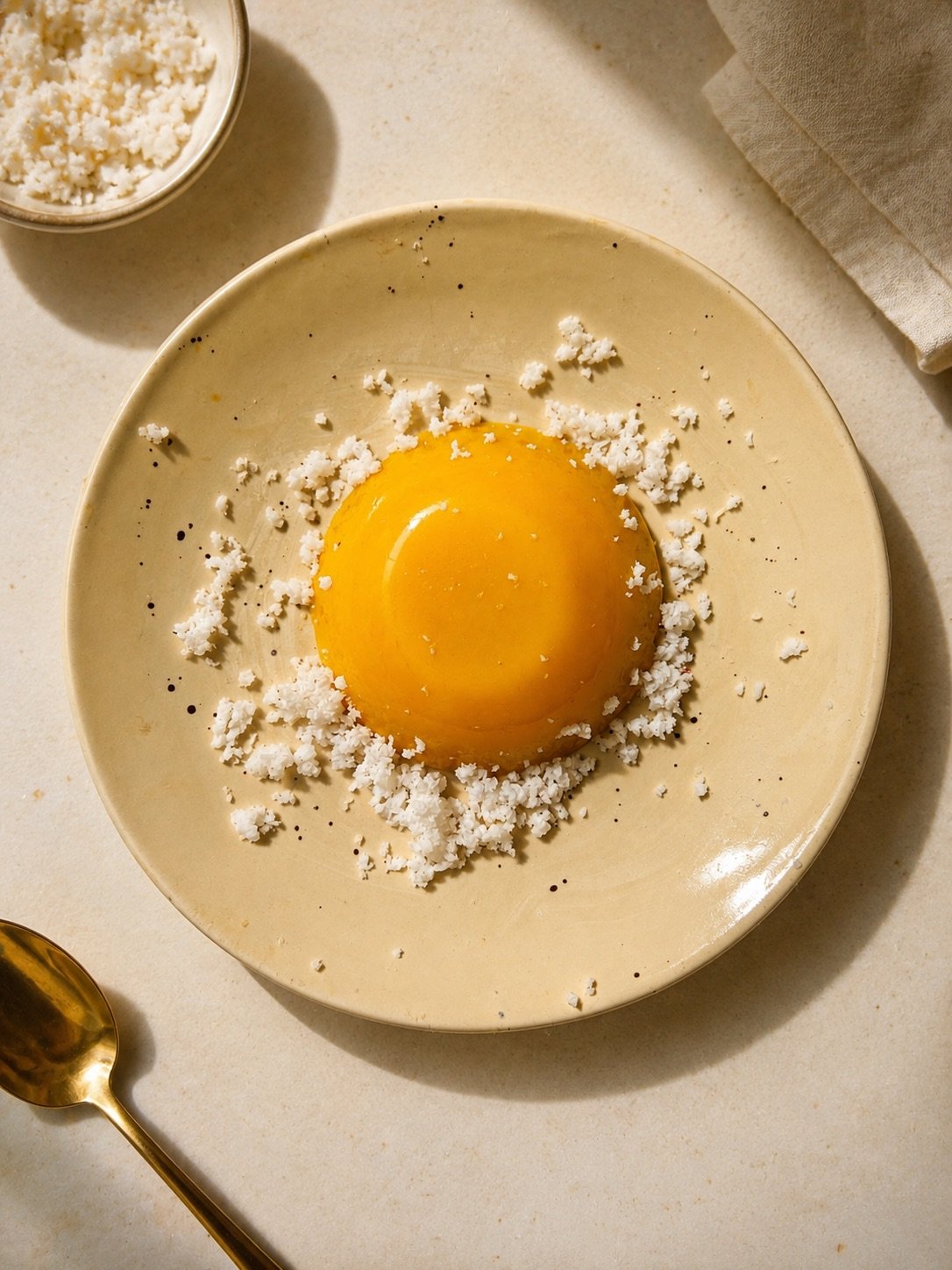 A overhead shot of Coconut Mango Pudding served in plate, topped with freshly grated coconut flakes.