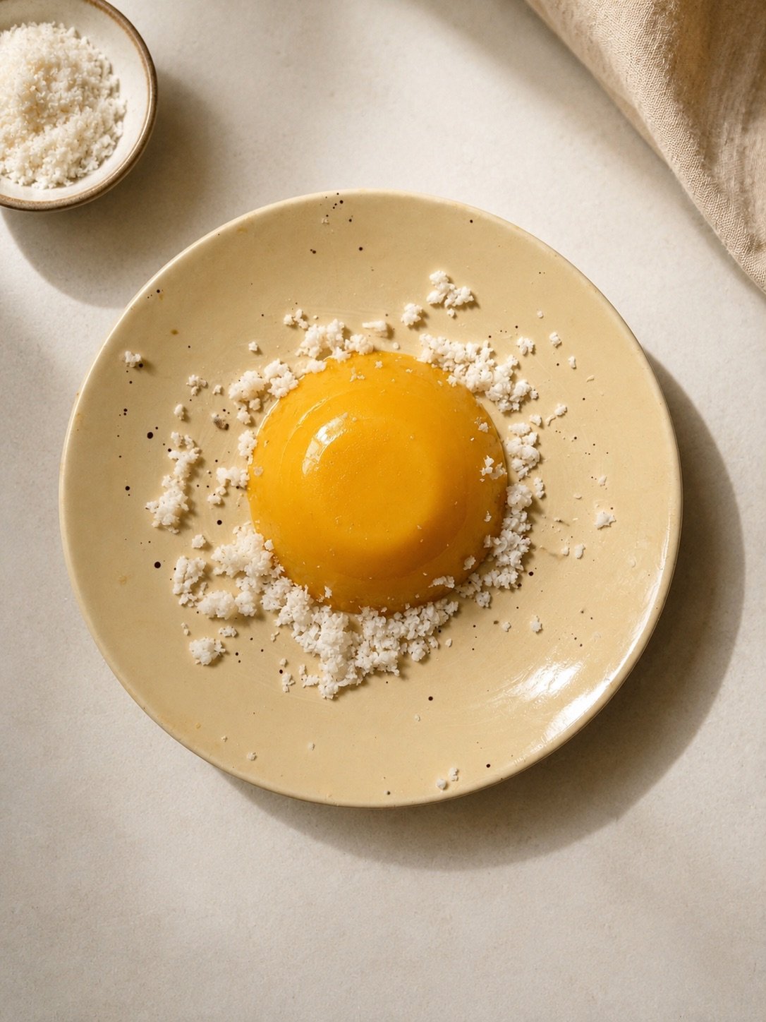 Chilled coconut mango pudding served with grated coconut on a plate